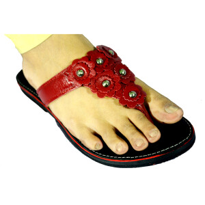 Leather Casual Flat Sandal For Women Red and Black A027