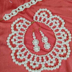 Handmade White Pearl Necklace/Mala, Earrings And Bracelet